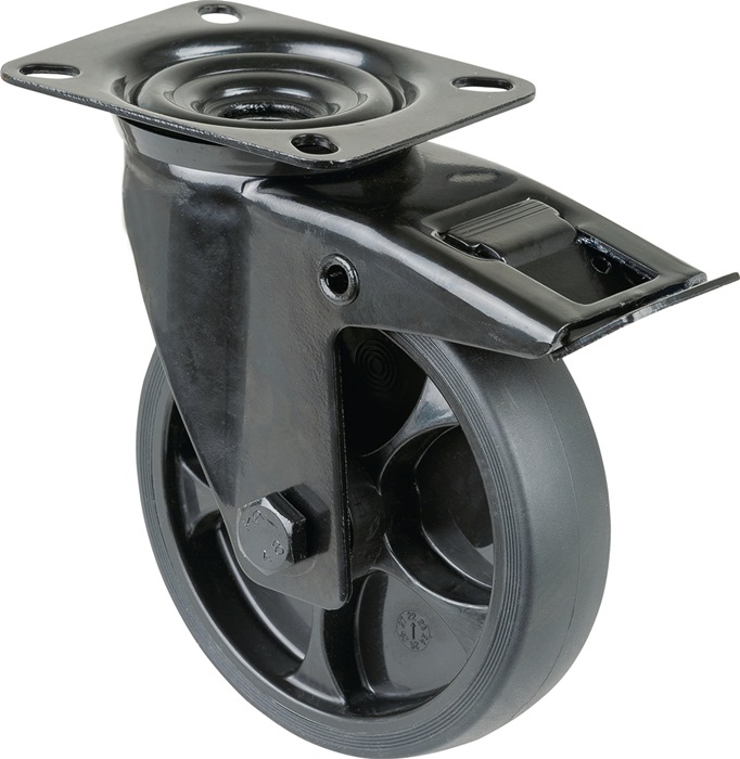 BS ROLLEN L820.B44.126.06 Lenkrolle  Rad-Ø 125 mm Tragfähigkeit 120 kg mit Feststeller Gummi 104x80mm schwarz Transportgeräterolle mit Totalfeststeller · thermoplastisches Gummirad schwarz · Radkörper Kunststoff schwarz · Rollenlager · mit Plattenbefestig