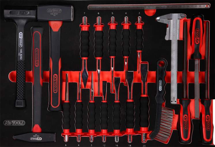 KS-Tools 811.0021 Hammer- / Meißel- / und Feilen-Satz in Schaumstoffeinlage, 21-