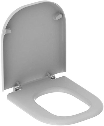 Geberit WC-Sitz RENOVA COMFORT barrierefrei, antibakteriell weiß aus Duroplast · eckiges Design · WC-Deckel überlappend · Befestigung von unten · Scharnierwelle aus Edelstahl durchgehend · schräge · in die keramische Fase der WC-Keramik hineinragende Puff