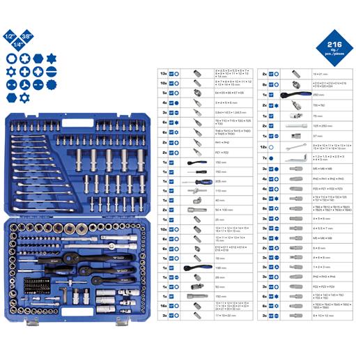 Brilliant Tools  BT023216 Steckschlüssel-Satz, 216-tlg., 1/4'', 3/8'', 1/2''