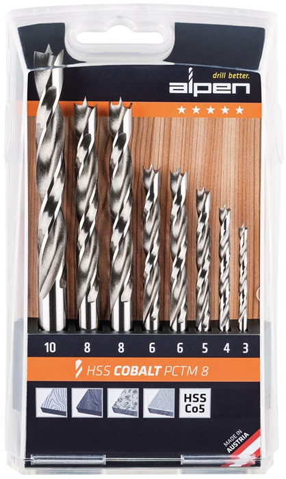 Holzspiralbohrersatz PCTM 8-tlg.D.3,4,5,2x6,2x 8,10mm HSS-Co5 ALPEN aus HSS-Co5 mit sehr hoher thermischer Belastbarkeit · zum Bohren von Weich-und Harthölzern · Spanplatten und Hartfaserplatten · Besonderer Produktvorteil: hitzebeständig bis 650°C besond