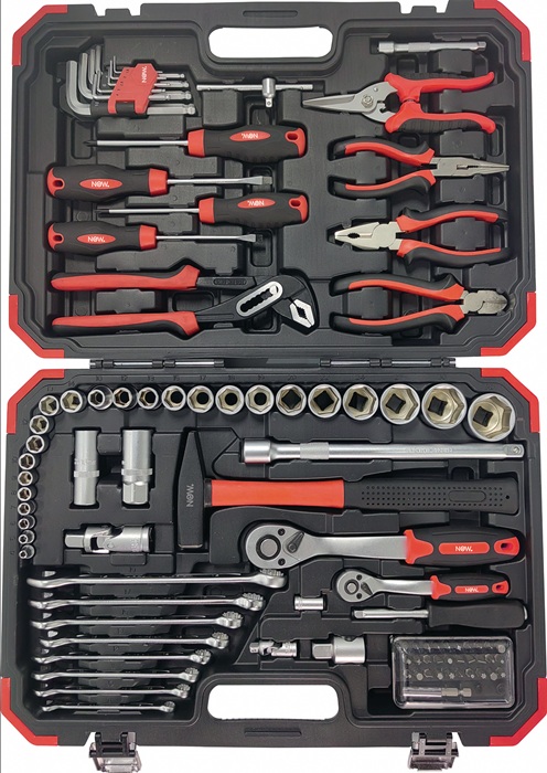 NOW  Werkzeugsortiment  95-teilig   bestückt mit Werkzeugen in bewährter Qualität für Handwerk und HaushaltWeitere technische Eigenschaften:· Breite: 440mm· Gewicht: 8,32kg· Tiefe: 350mm· Höhe: 95mm Inhalt:mit 6,3 mm (1/4")-Vierkantantrieb1 feinverzahnte