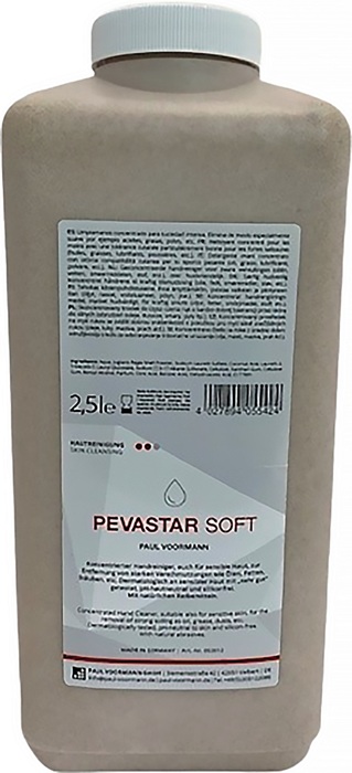 PEVASTAR SOFT 052012 Handreinigung Pevastar SOFT 2,5 l silikon- und lösemittelfrei  Der konzentrierte Handreiniger mit besonders guter Hautverträglichkeit zur Entfernung von starken Verschmutzungen wie Ölen, Fetten, Stäuben, etc. · mit natürlichen Reibemi