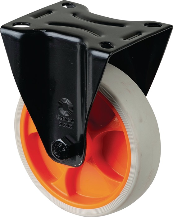 BS ROLLEN L810.B44.126.02 Bockrolle  Rad-Ø 125 mm Tragfähigkeit 120 kg Bockrollen Gummi Platte L104xB80 mm Farbe Rolle hellgrau Transportgeräterolle · thermoplastisches Gummirad hellgrau · Gehäuse aus Stahlblech, schwarz · zweireihiger Kugelkranz im Gabel