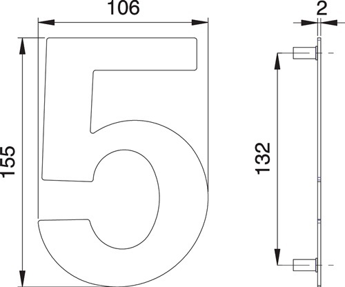 Hausnummer Ziffer 5 VA ma 150mm B.106mm EDI Edelstahl matt gebürstet · Stärke 2mm · unsichtbare Befestigung · inkl. Befestigungsmaterial Weitere technische Eigenschaften: · Breite: 106mm · Befestigungsart: Schrauben und Dübel · Stärke: 2mm · Farb-Nr.: EST