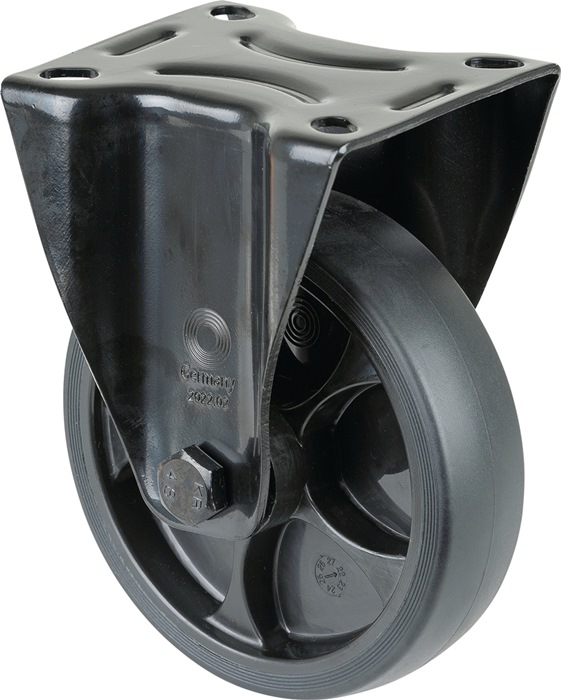 BS ROLLEN L810.B44.126.06 Bockrolle  Rad-Ø 125 mm Tragfähigkeit 120 kg Bockrollen Gummi Platte L104xB80 mm Farbe Rolle schwarz Transportgeräterolle · Gabel aus Stahlblech, schwarz · zweireihiger Kugelkranz im Gabelkopf · thermoplastisches Gummirad schwarz