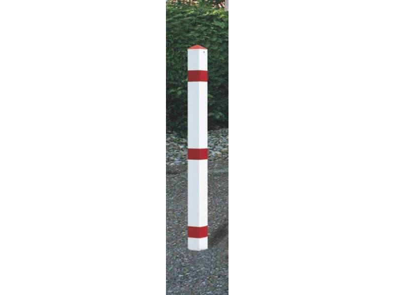 AS 124 RW Sperrpfosten Stahl rot-weiß mit Bodenhülse mit Spitzkappe