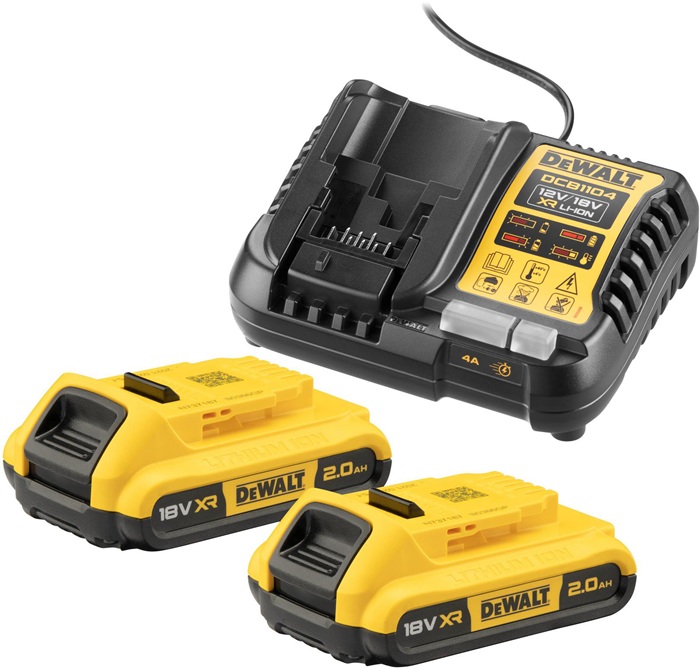 DEWALT DCB1104D2-QW Akku-Starter-Set DCB 1104 D2 18 V 2 Ah  XR-Schiebe-AkkusWeitere technische Eigenschaften:· Abmessungen (L x B x H) (DCB 1104): 14,5 x 11,5 x 7cm· Abmessungen (L x B x H) (DCB 183): 11,5 x 7,5 x 5cm· Akku-Technologie (DCB 1104): Li-Ion·