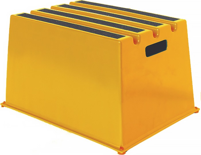 Schwerlasttritt Stufen 1 Plattform-H.307mm Ku.gelb besonders robust und bruchsicher · rutschfeste Stufen, mit Anti-Rutsch-Streifen, für einen sicheren Stand · Stufen aus robustem UV-stabilisiertem HD-Polyethylen · abwaschbar und widerstandsfähig gegenüber