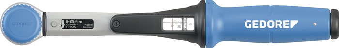 Drehmomentschlüssel TF-K25 1/4 Zoll 5-25 Nm GEDORE verstellbar · mit Vierkantantrieb und integrierter Knarrenfunktion · für den kontrollierten Rechts- und Linksanzug (durch einfaches Umstecken des Pilzkopfes/Vierkants) · Pilzkopf-Umsteckvierkant mit Kugel