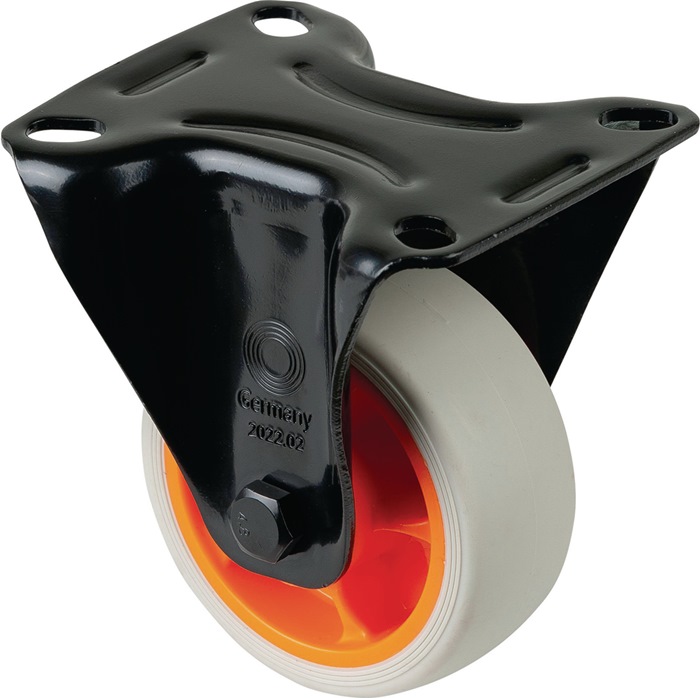 BS ROLLEN L810.B44.081.02 Bockrolle  Rad-Ø 80 mm Tragfähigkeit 100 kg Bockrollen Gummi Platte L104xB80 mm Farbe Rolle hellgrau Transportgeräterolle · thermoplastisches Gummirad hellgrau · Gehäuse aus Stahlblech, schwarz · zweireihiger Kugelkranz im Gabelk