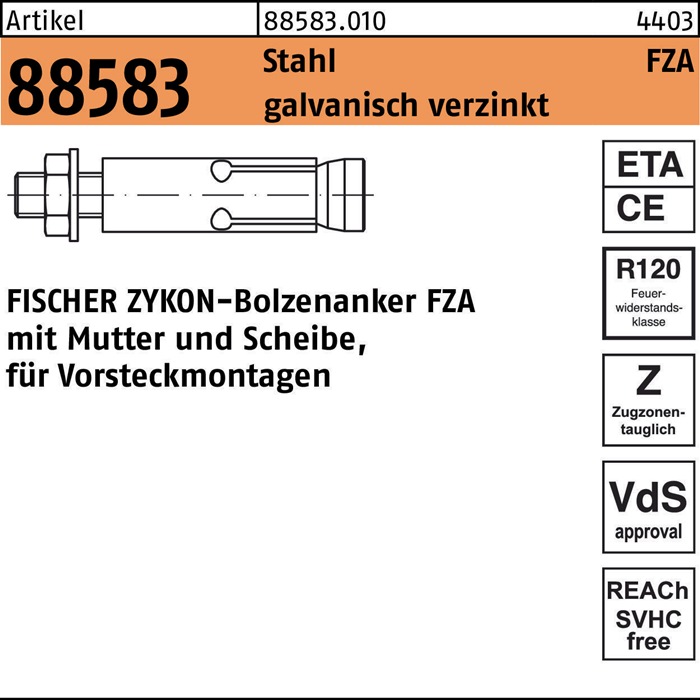 FISCHER 885830100100040 Bolzenanker R 88583 ZYKON FZA 10x 40 M 6/10 Stahl galvan