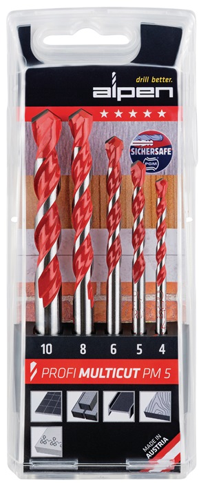 Bohrersatz Profi Multicut 5tlg.4,5,6,8,10mm rd.ALPEN Universal - Der Alleskönner hohe Flexibilität und präzise Bohrungen, auch bei abwechselndem Bohren in unterschiedlichen Materialien · zum Drehbohren in Fliesen, Mauerwerk, Metall, Holz und Kunststoff