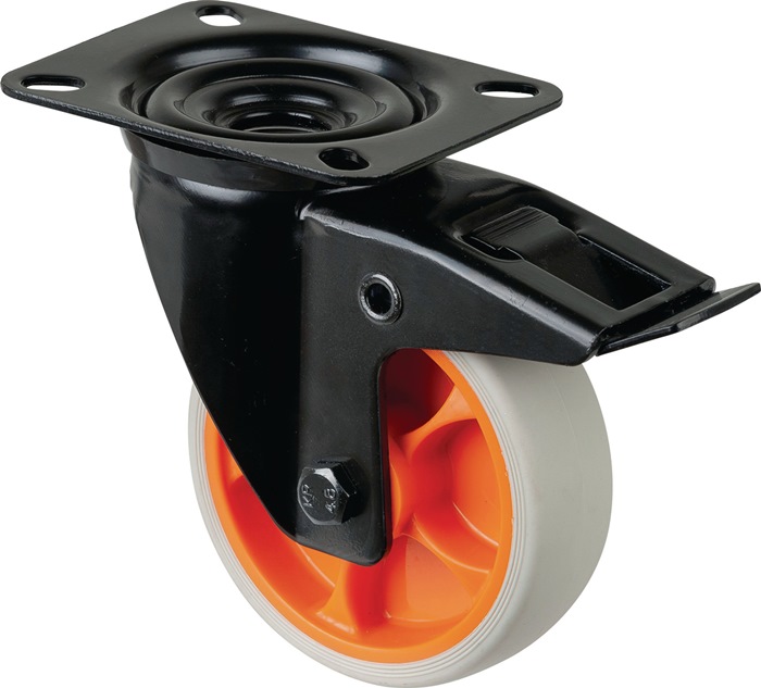 BS ROLLEN L820.B44.081.02 Lenkrolle  Rad-Ø 80 mm Tragfähigkeit 100 kg mit Feststeller Gummi 104x80mm hellgrau Transportgeräterolle mit Totalfeststeller · thermoplastisches Gummirad hellgrau · Radkörper Kunststoff orange · Gehäuse aus Stahlblech, schwarz ·