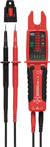 Stromzangenmultimeter CM 1-4 0,1 A-200 A AC CAT IV 600/III 1000 V BENNING 4-teilig beleuchtete LCD-Anzeige (9.999 Punkte) · mit offener Stromzange, LED-Stufenanzeige, Phasen- und Drehfeldprüfung · Drehfeldrichtungsprüfung über grüne LEDs (rechts/links) ·