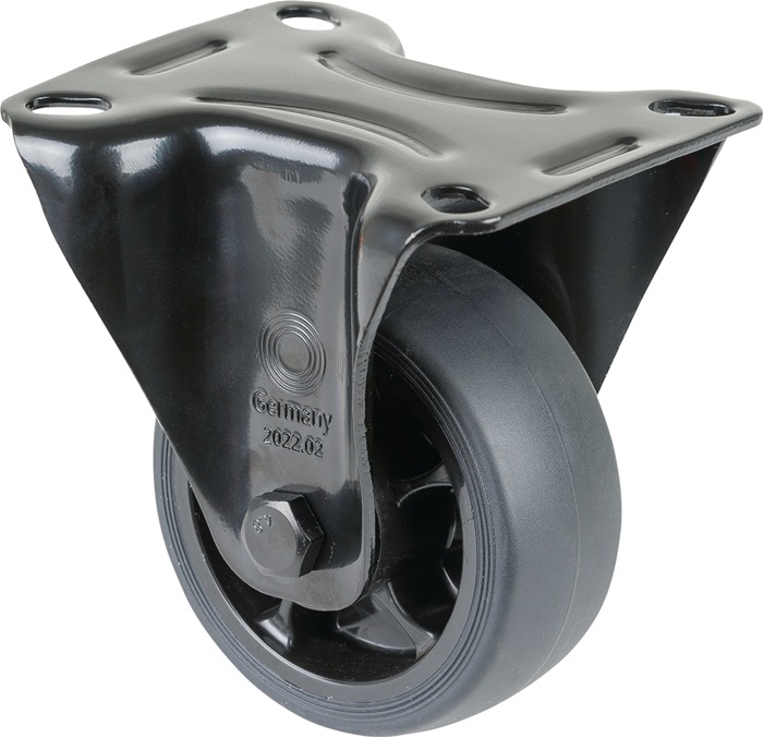 BS ROLLEN L810.B44.081.06 Bockrolle  Rad-Ø 80 mm Tragfähigkeit 100 kg Bockrollen Gummi Platte L104xB80 mm Farbe Rolle schwarz Transportgeräterolle · Gabel aus Stahlblech, schwarz · zweireihiger Kugelkranz im Gabelkopf · thermoplastisches Gummirad schwarz